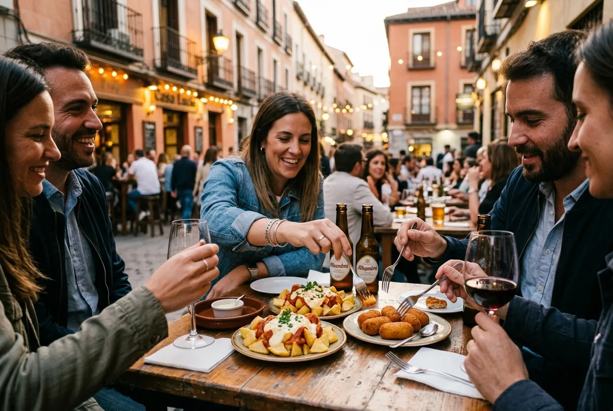 Small group holding plates of patatas bravas and croquetas at an outdoor tapas bar table in La Latina during a tapas tour madrid evening
