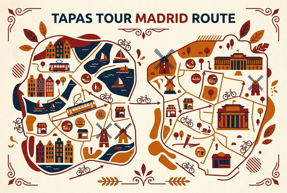 Simple neighborhood map infographic comparing La Latina and Malasana tapas bar clusters for a tapas tour madrid route with generic bar icons and no prices
