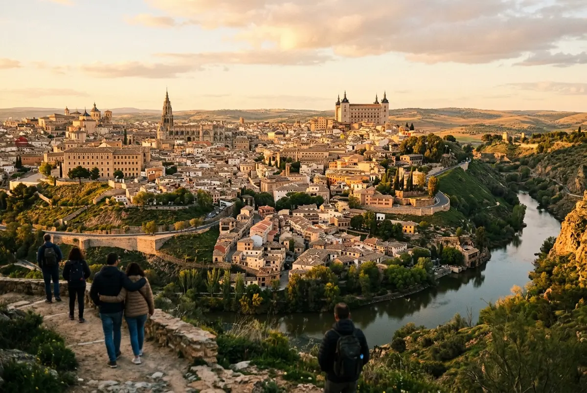 Panoramic view of Toledo's walled old town and cathedral tower rising above the Tagus river gorge, the classic toledo day trip from madrid view