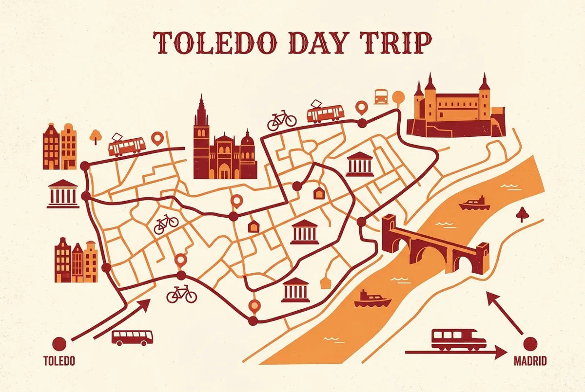 Simple walking route map of Toledo's old town marking the cathedral, Alcazar and Alcantara bridge with generic numbered stops, illustrating a toledo day trip from madrid