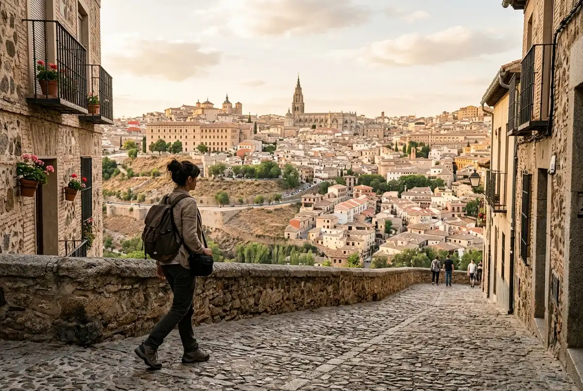 Traveler walking across Toledo's cathedral square in warm afternoon light, weighing a toledo half day tour from madrid against a full day
