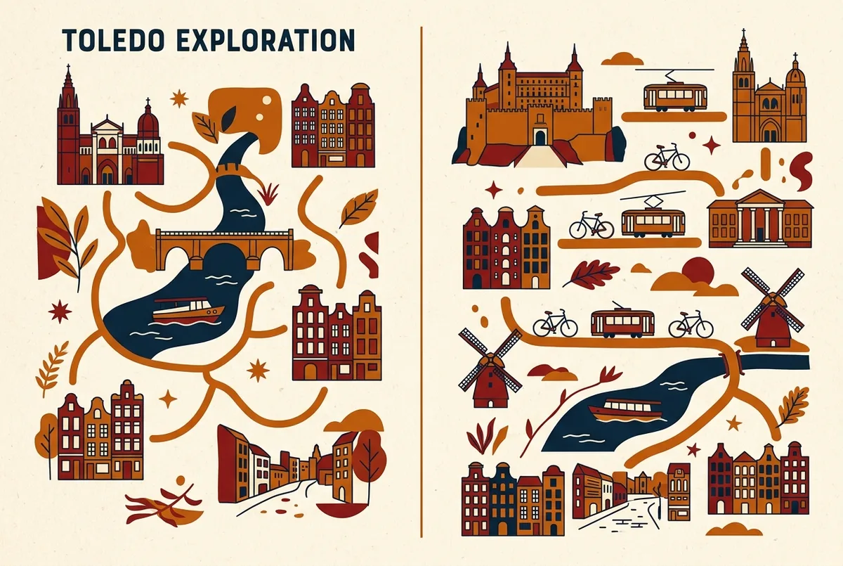 Side-by-side itinerary infographic comparing a half day and full day toledo tour stop list, generic icons for cathedral, alcazar and bridge
