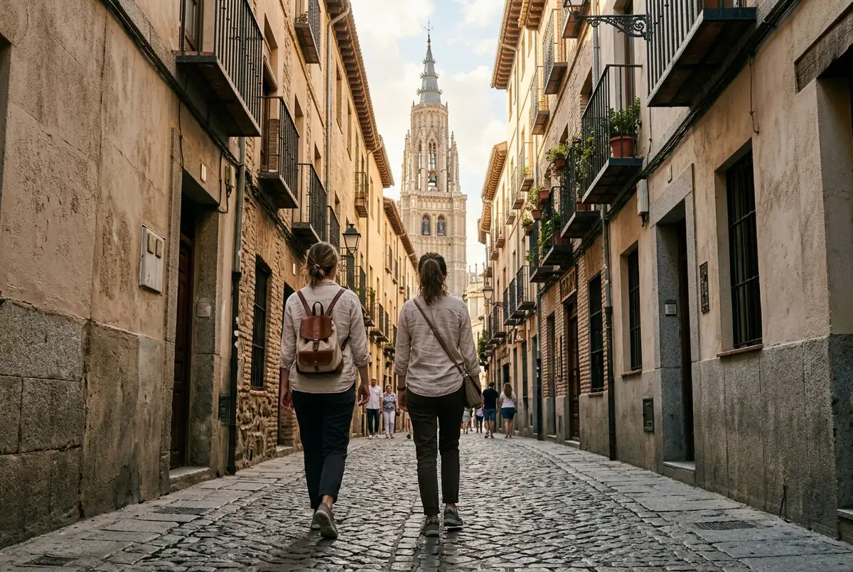 Turista caminando por una calle empedrada y estrecha del casco historico de Toledo con la torre de la catedral al fondo, la escena tipica de toledo en un dia desde madrid