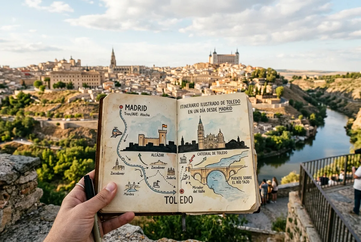 Itinerario ilustrado de toledo en un dia desde madrid marcando con iconos genericos la catedral, el alcazar y el puente sobre una silueta simplificada de la ciudad