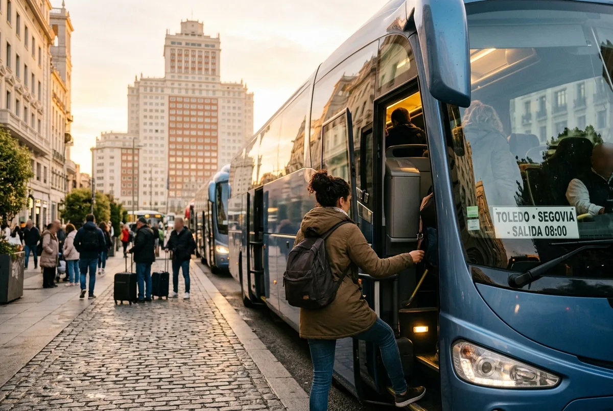 Traveler boarding an early morning tour bus in central Madrid for a toledo and segovia tour from madrid