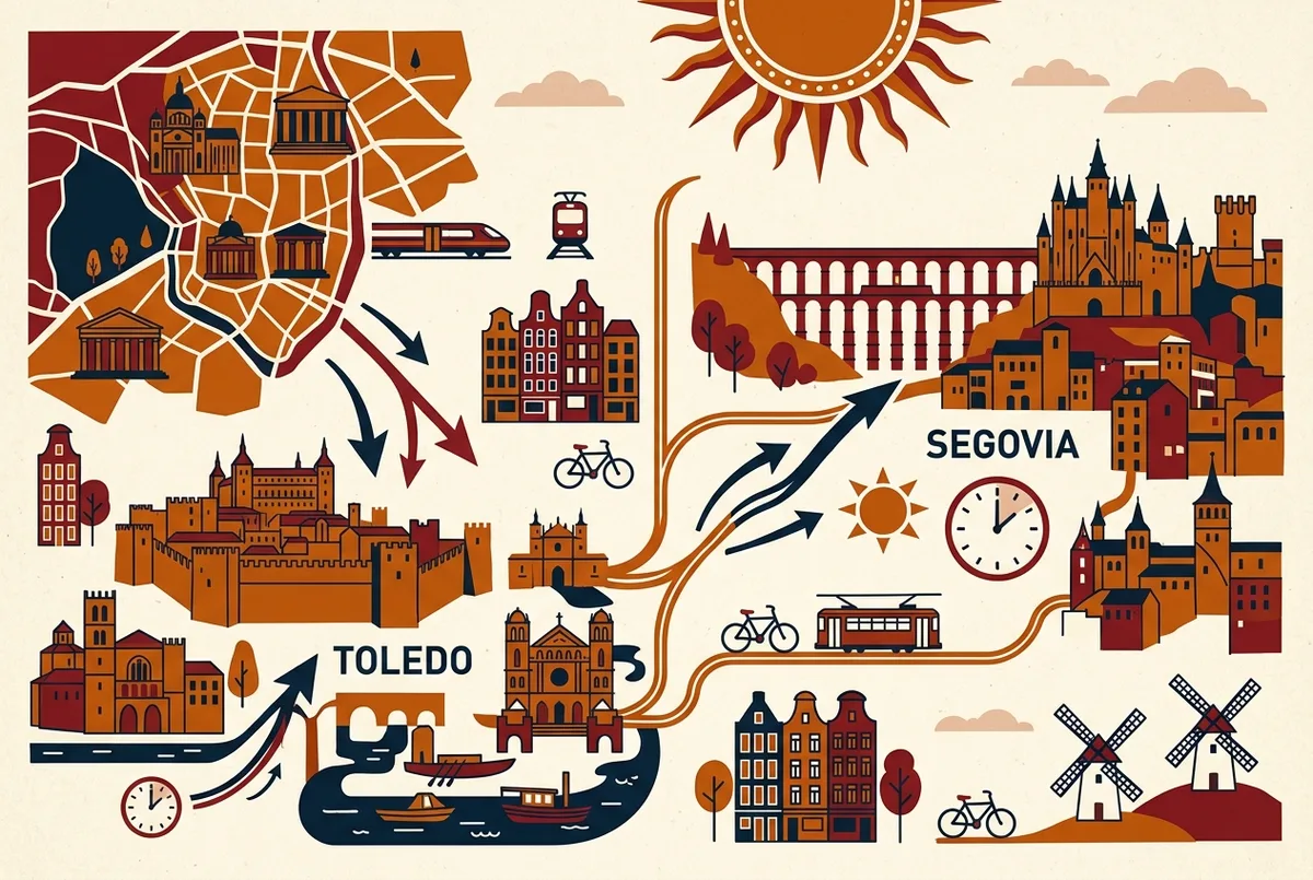 Timeline infographic mapping a one day itinerary from Madrid to Toledo in the morning and Segovia in the afternoon, a toledo and segovia tour from madrid