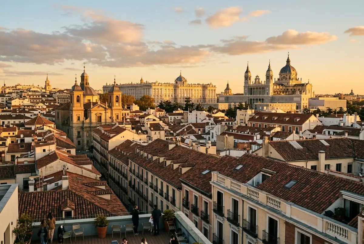 Wide golden hour view over central Madrid rooftops with the Royal Palace dome and Almudena Cathedral visible among the top things to see in madrid