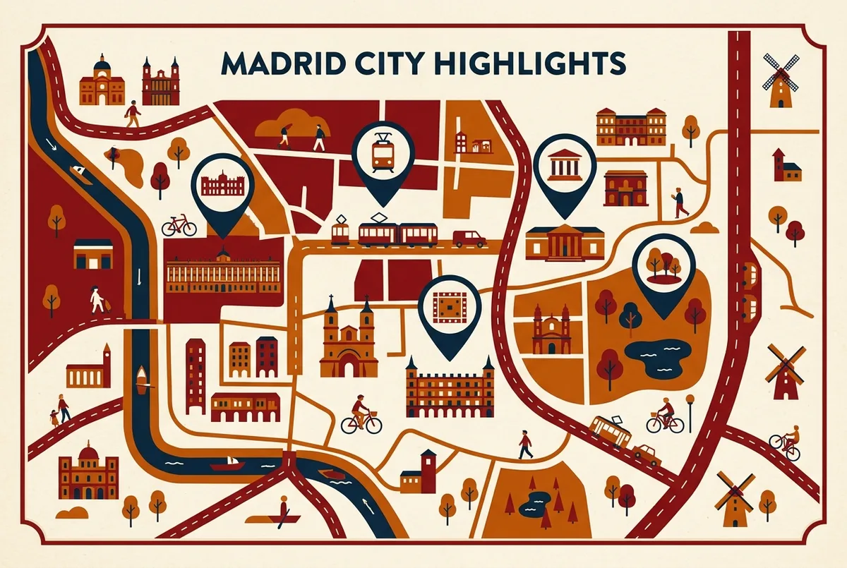 Simple map infographic marking the top things to see in madrid, generic pins for royal palace, prado, retiro park, plaza mayor and gran via around the historic center