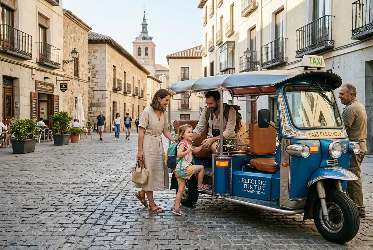 Familia pequeña subiendo a un tuk tuk privado madrid eléctrico junto a una plaza empedrada del centro histórico por la mañana