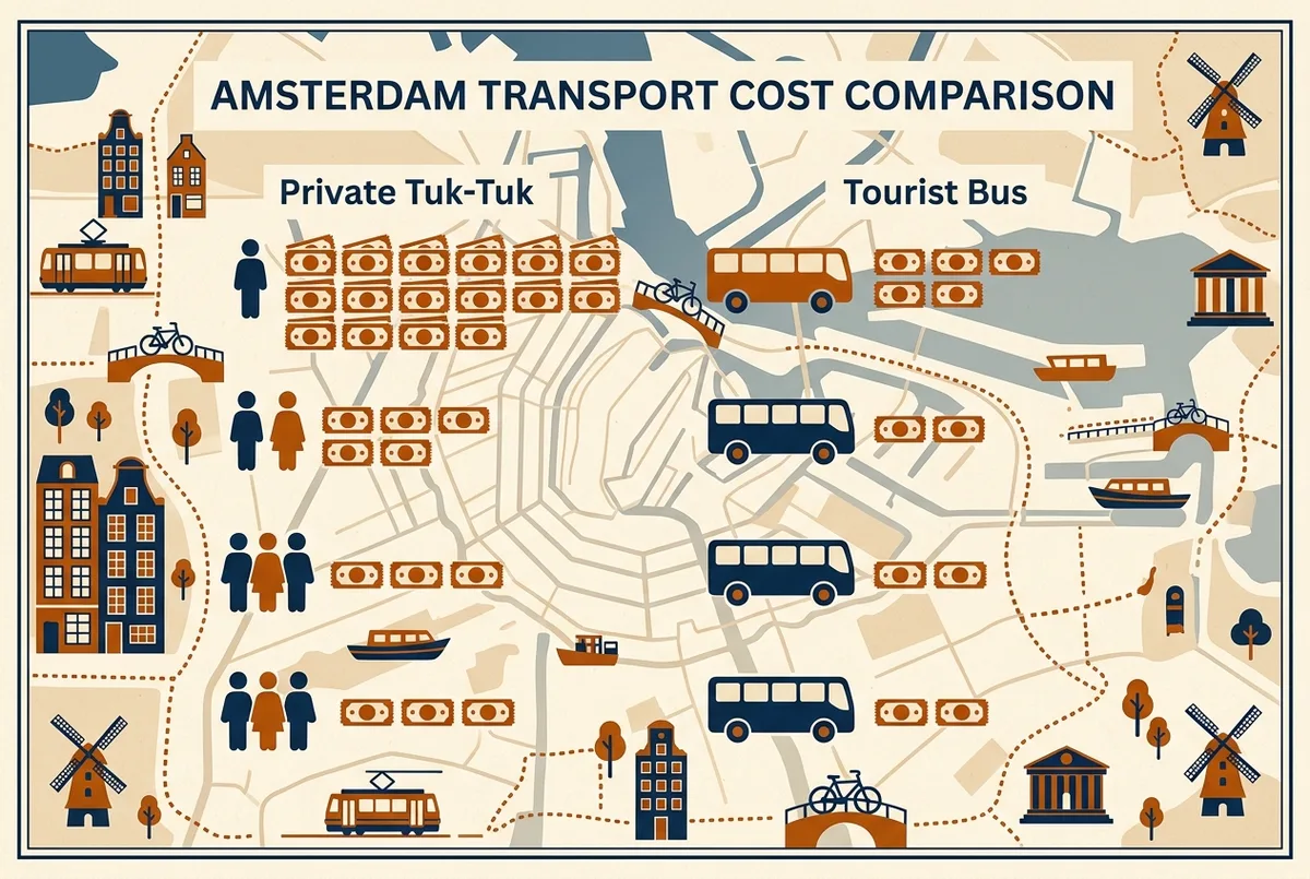 Infografía comparando el coste por persona de un tuk tuk privado madrid frente al bus turístico según el número de viajeros, con iconos genéricos de personas y billete