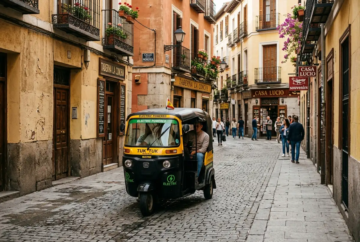 Tuk tuk eléctrico circulando por una calle estrecha y empedrada de La Latina en la ruta tuk tuk madrid a media mañana