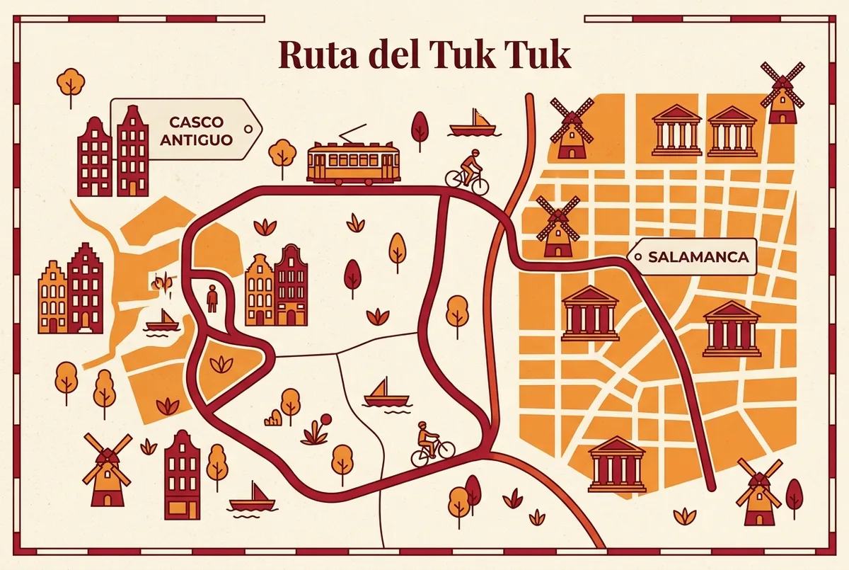 Mapa sencillo de la ruta tuk tuk madrid con el tramo del casco antiguo y el tramo de Salamanca marcados con etiquetas genéricas de ubicación