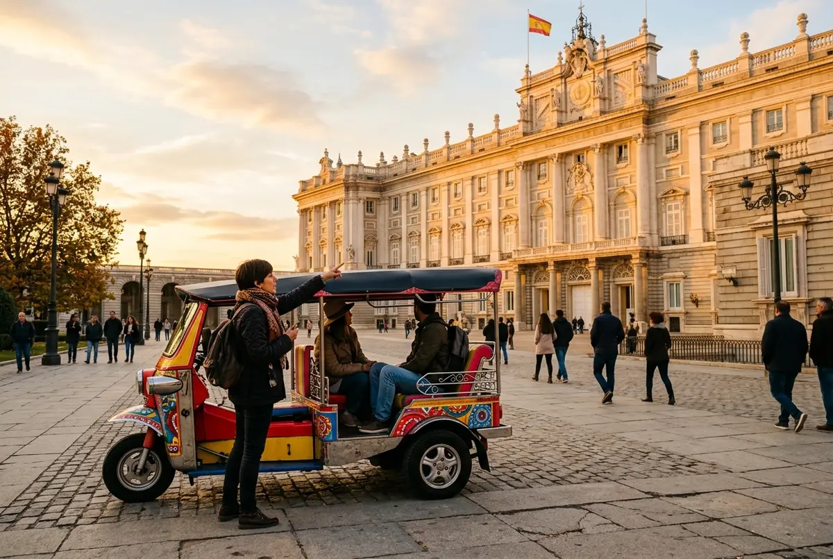 Tuk tuk eléctrico privado del tuk tuk tour madrid pasando frente al Palacio Real con un guía bilingüe señalando la fachada al atardecer