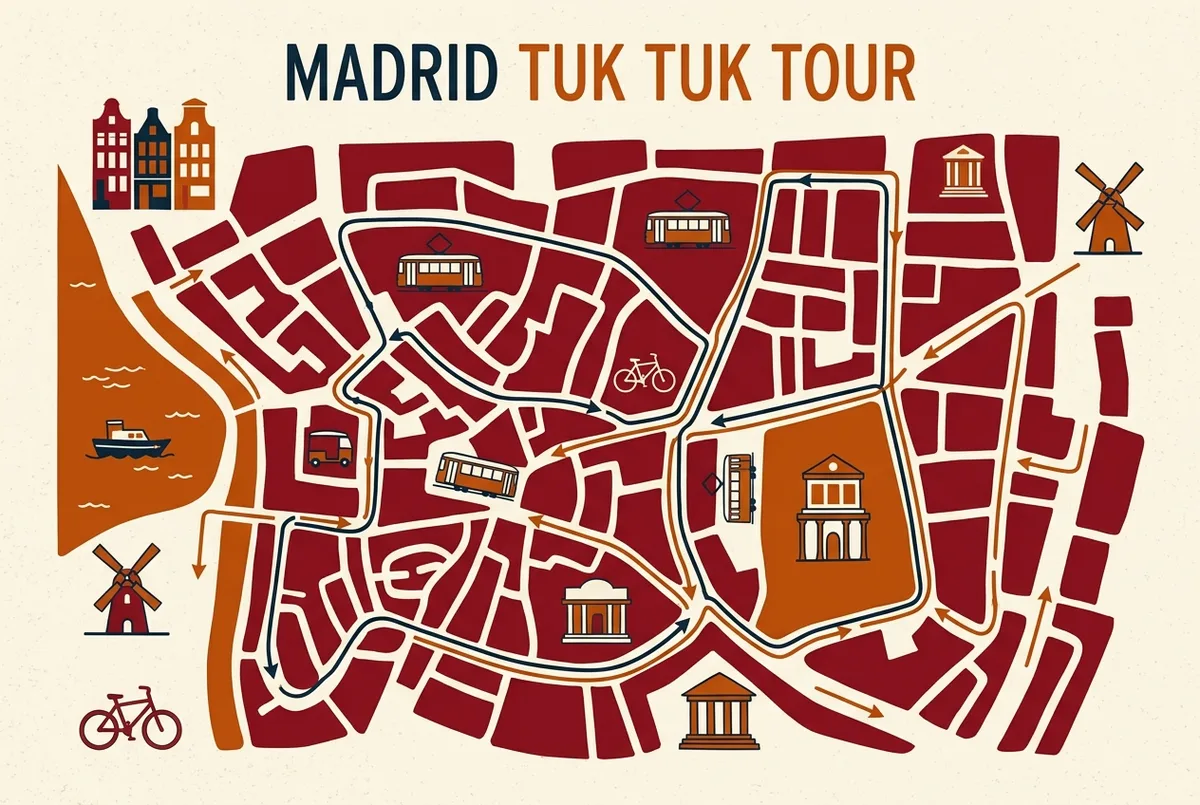 Mapa sencillo de la ruta del tuk tuk tour madrid por el Palacio Real, La Latina y Salamanca con etiquetas genéricas de ubicación