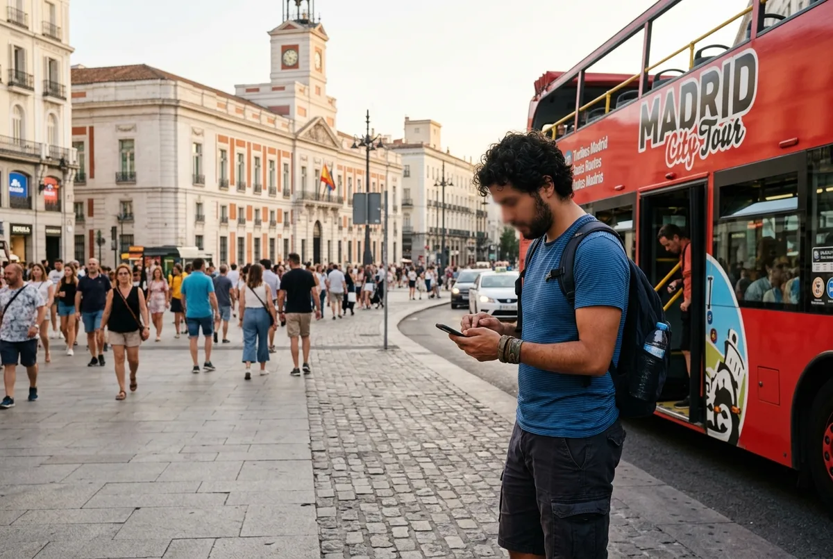 Turista latinoamericano consultando el movil junto a un bus turistico rojo de dos pisos cerca de la Puerta del Sol en Madrid, buscando el turibus madrid