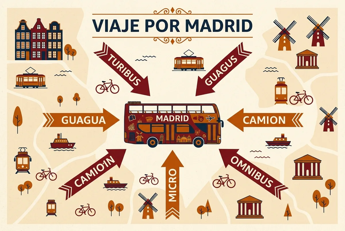 Infografia mostrando cinco terminos regionales latinoamericanos, turibus, guagua, camion, micro y omnibus, todos apuntando a un bus turistico de dos pisos en Madrid