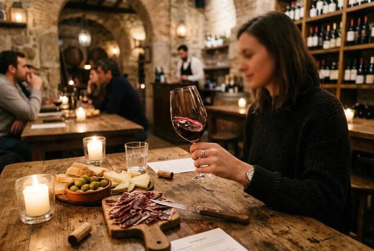 Traveler swirling a glass of red wine at a candlelit Madrid cellar tasting table set with jamon, cheese and olives during a wine tasting madrid evening