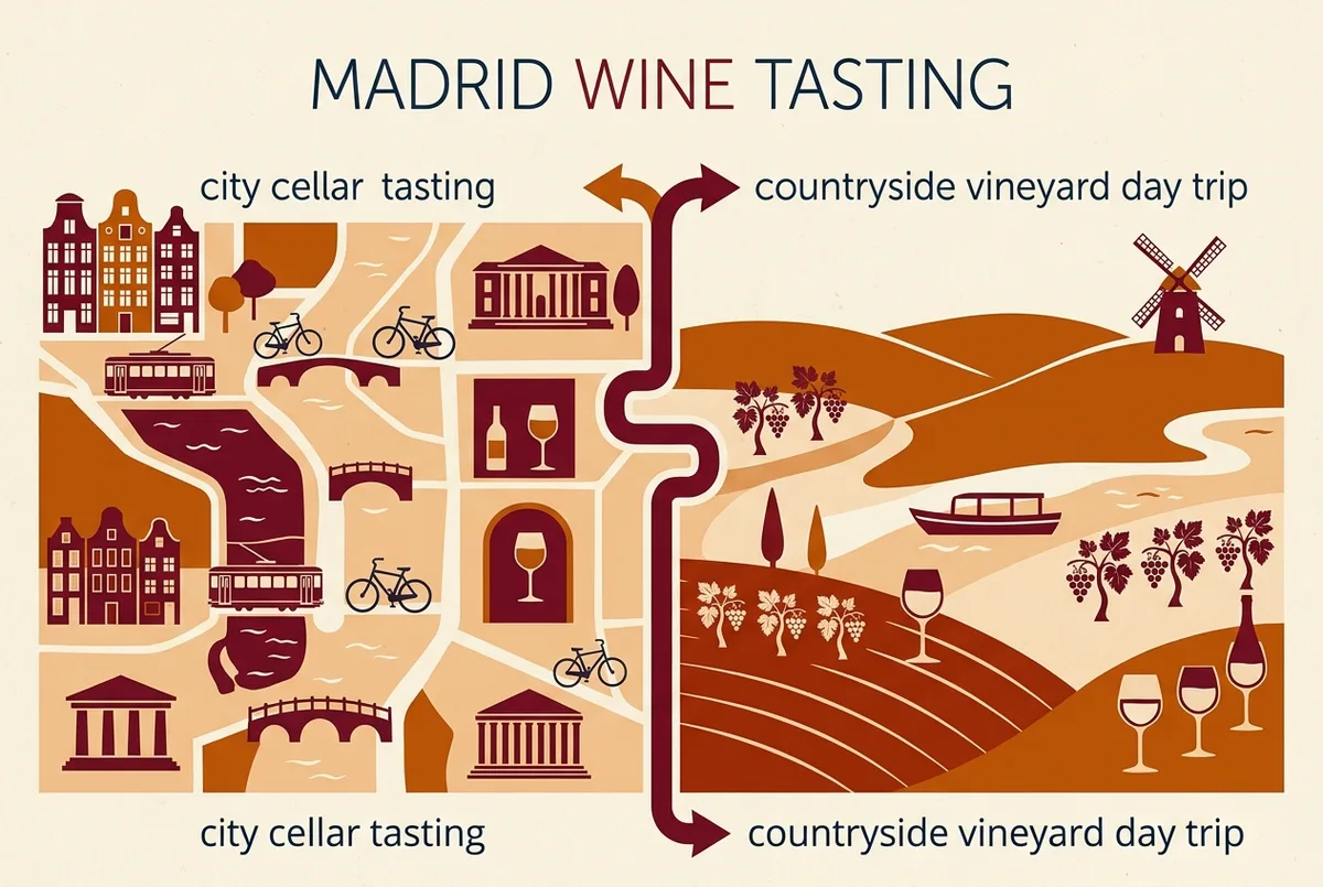 Simple infographic comparing wine tasting madrid formats, in city cellar tasting versus countryside vineyard day trip, with generic wine glass and vineyard icons and no prices